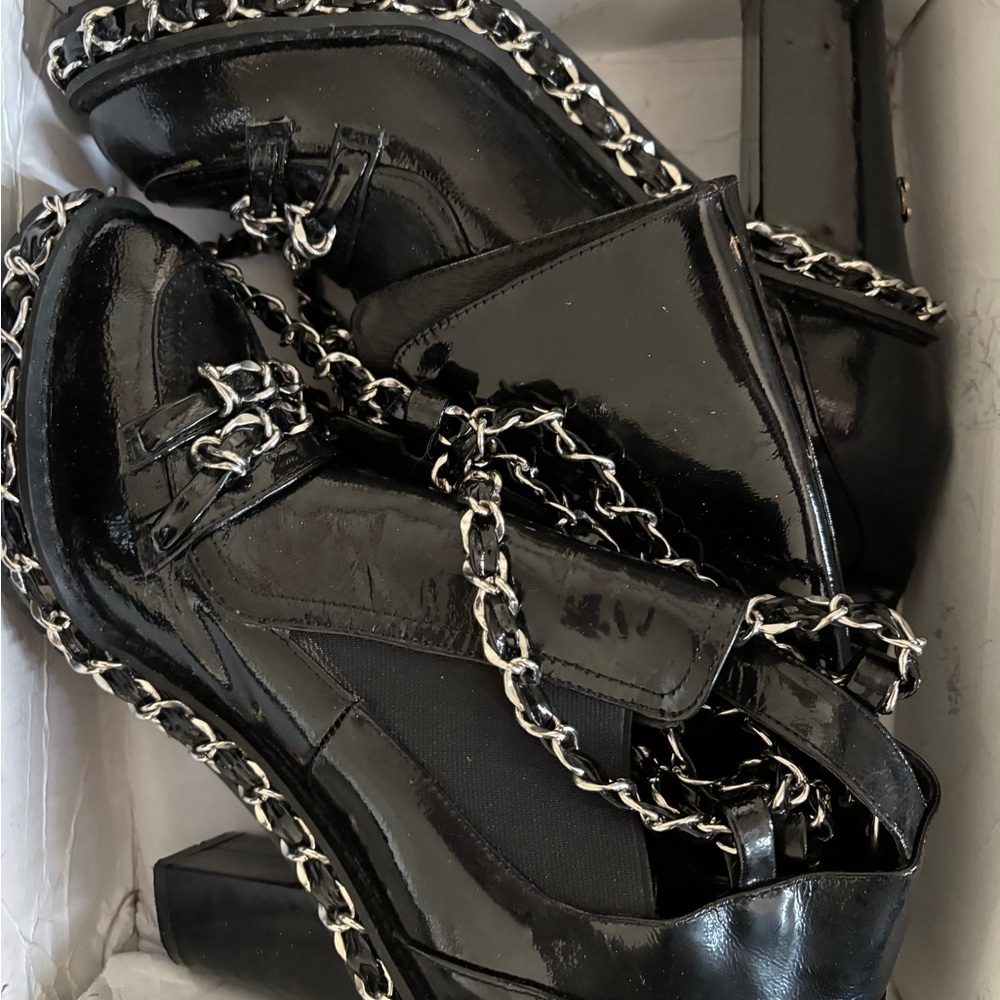 Black Patent Chain-Trim Platform Heels